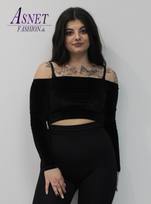 Dámsky zamatový čierny crop top dlhy rukav 501