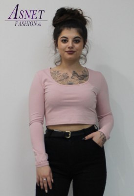 Dámsky ružový crop top s okrúhlym výstrihom kod 523