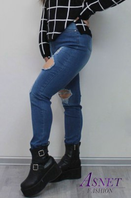 Dámske modré tieňované skinny jeans s veľkými dierami 809