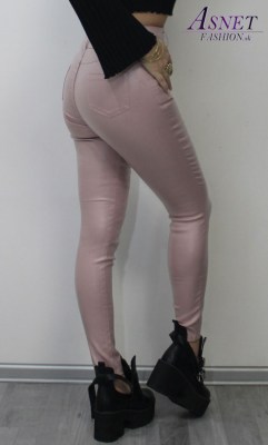 Dámske kožené elastické ružové skinny nohavice 951 